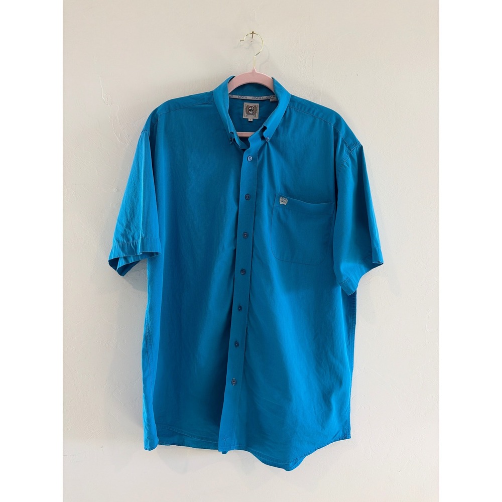 Cinch Mens Short Sleeve Western Button Down Shirt Turquoise Blue Cotton Large